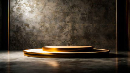 Elegant Gold and Beige Two Tiered Display Platform on Dark Concrete Background