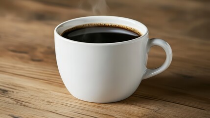 White coffee cup with steam rising from it. The cup is sitting on a wooden table