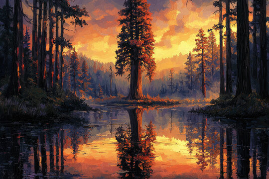 A majestic redwood tree stands serene in a tranquil lake, reflecting the vibrant colors of a breathtaking sunset.