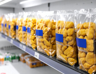Multiple clear plastic bags filled with golden breaded chicken nuggets are neatly arranged on a refrigerated supermarket shelf, ready for customers to purchase and enjoy at home.