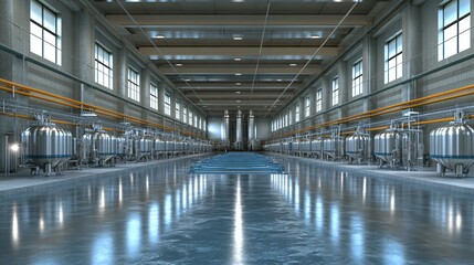 A dynamic wide-angle interior of a bioenergy plant hall, with multiple digesters, biomass grinders, cogeneration engines, and central control panels aligned under steel trusses