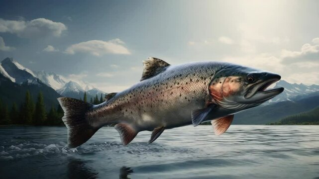 Red salmon or trout jumping out of a stormy river on a snowy mountains background. Trophy fishing on the lake.