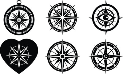 set of silhouette compass icon white background