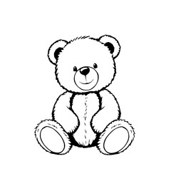 Obraz premium Teddy Bear Line Art: A charming monochrome illustration depicts a seated teddy bear with fluffy fur, round paws, and a joyful expression.