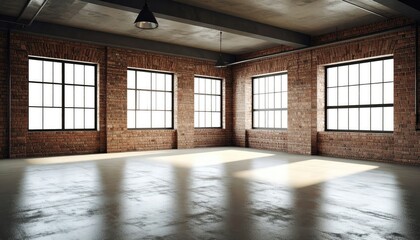 Empty Industrial Loft Interior with Brick Walls and Large Windows