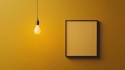 Minimalist interior with a glowing lightbulb and an empty square frame on a yellow textured wall.