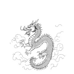 Chinese Dragon in Ink: A majestic monochrome line art illustration depicts a powerful dragon amidst swirling clouds, showcasing intricate scales and sharp claws.
