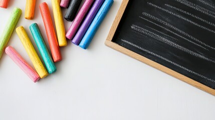 An assortment of chalk markers and colorful chalk sticks arranged radiantly beside small chalkboards on a sleek white surface