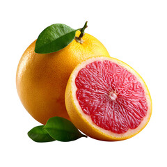 Whole grapefruit with textured yellow-pink skin and green leaf, sliced to reveal pink juicy...