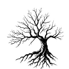 Obraz premium Barren Tree Illustration: A stark, monochrome line art depicting a leafless tree with exposed roots, conveying a sense of resilience and age.