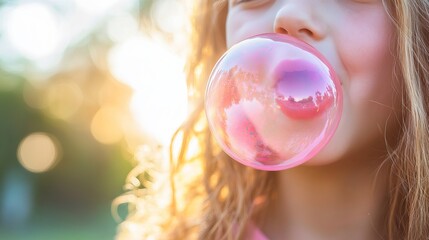 Young girl is blowing a pink bubble outdoors with soft sunlight illuminating her curly hair.
