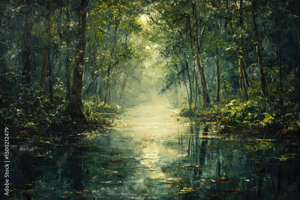 Poster serene forest river scene with misty light filtering through lush green trees, reflecting in calm wa