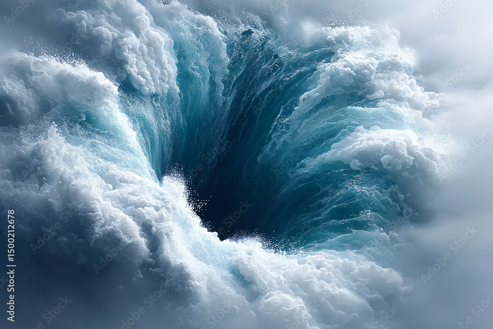 Poster an abstract image of a whirlpool composed of ocean water and clouds. a deep vortex, creating a sense