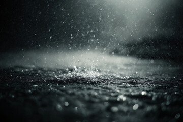Heavy rain falling on dark ground, water droplets splashing. The image evokes a mood of melancholy and reflection