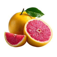 Whole grapefruit with textured yellow-pink skin and green leaf, sliced to reveal pink juicy...