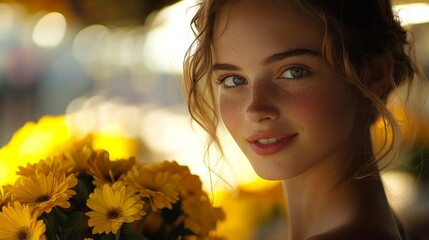 Young woman with freckles is smiling slightly next to a bouquet of yellow flowers with a soft, blurred background.