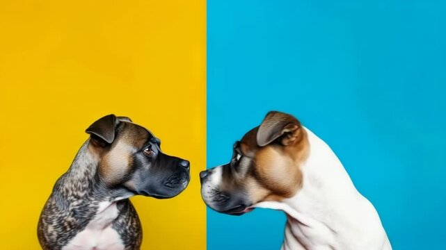 Two deutscher boxer dog looks around.