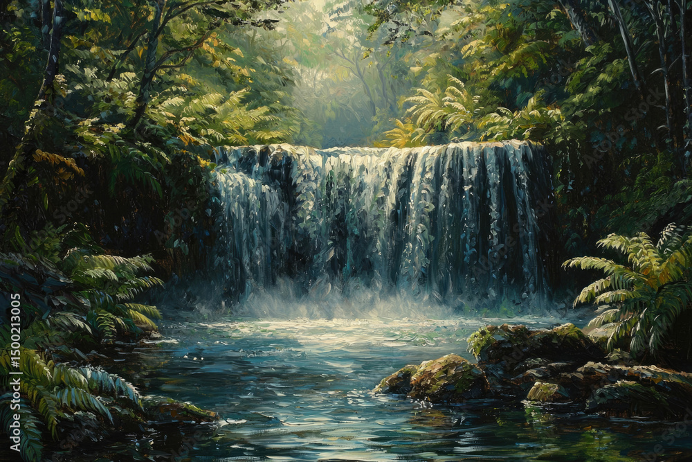 Poster Serene waterfall cascading through lush green rainforest, sunlight filtering through canopy.