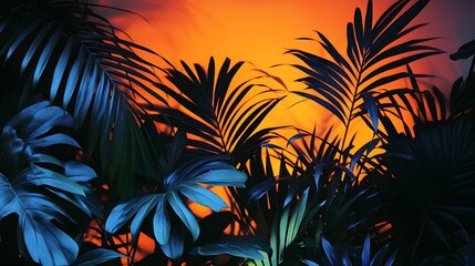 Vibrant Tropical Palm Leaves Neon Background