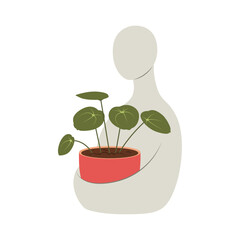 Minimalist human figure holding a red flowerpot with green leaves. Symbolizes care, growth, mental health, and connection with nature.