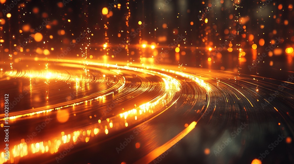 Poster abstract golden light streaks reflect in curved lines on a dark surface, creating an artistic compos
