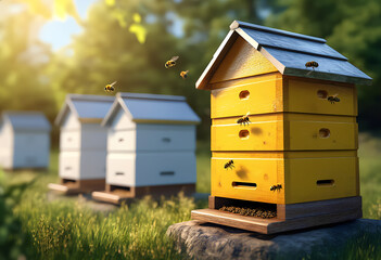 Three beehives are in a field