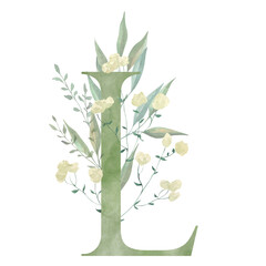 Watercolor Floral Alphabet Clipart – Botanical Monogram Letter L with Greenery and Soft Yellow Flowers – Wedding Invitations, Branding, Nursery Decor