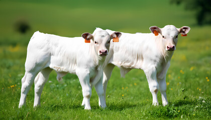 Fototapeta premium Two white cows standing in a field