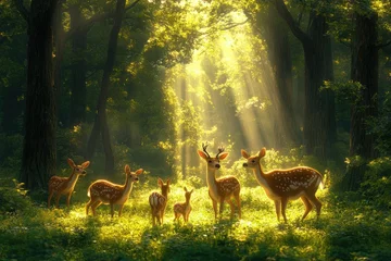 Wanddecoratie Bosdieren A serene forest scene with deer bathed in golden sunlight filtering through the trees.  © Design