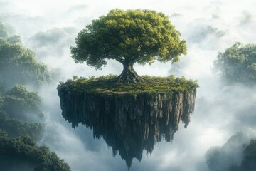 A solitary tree atop a floating island, surrounded by misty clouds, evoking a sense of fantasy and tranquility.