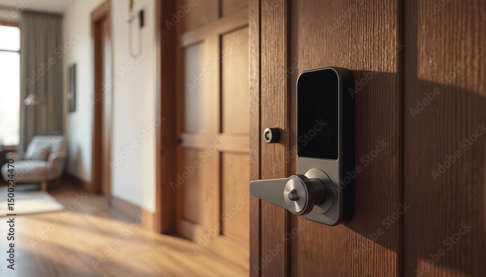 Poster Digital smart door lock installed on wood door for security access room. Modern tech electronic entry safety secure home apartment building. Convenient access with digital code or keyless entry.