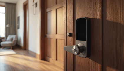 Digital smart door lock installed on wood door for security access room. Modern tech electronic entry safety secure home apartment building. Convenient access with digital code or keyless entry.