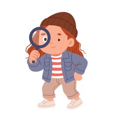 Cute cartoon child with a magnifying glass, dressed in a beanie, striped shirt, and casual clothes.  