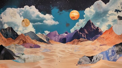 Collage of mountains and planets with a blue sky. The mountains are purple