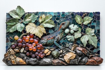 Fototapeta premium A mosaic artwork featuring a colorful lizard resting among grapes and grape leaves against a textured turquoise background.