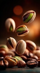 Appetizing pistachios falling in warm studio lighting