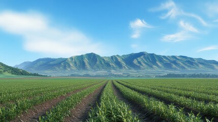 Fototapeta premium Sunrise over a field of crops, mountains in the background, ideal for agricultural themes