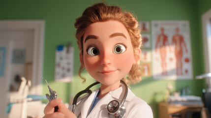 Female Doctor Holding Dental Tool in Bright Medical Office with Green Walls