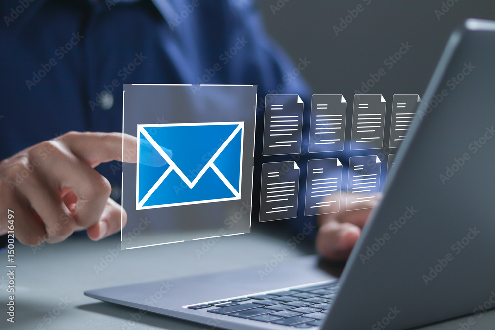 Poster email marketing concept, data center and internet advertising. businessman use computer laptop to se