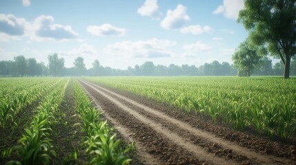 Rural cornfield road at dawn, scenic landscape