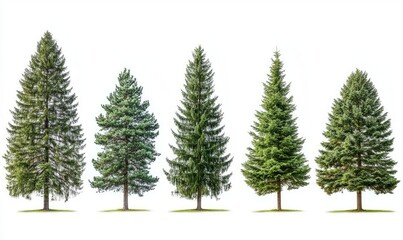 Collection of large pine trees isolated on white background. AI generated illustration.