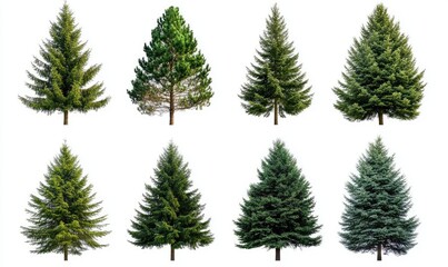 Collection of large pine trees isolated on white background. AI generated illustration.