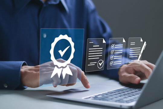 Digital certificate concept, Checklist documents, assessment for certificate and document approved. Quality management, Standardization, certification, regulatory compliance, service and standards