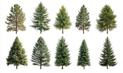 Obraz premium Collection of large pine trees isolated on white background. AI generated illustration.