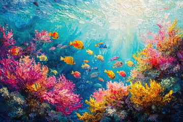Vibrant underwater scene with colorful coral reefs and diverse fish species swimming in a clear ocean.