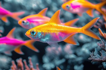A vibrant school of GloFish tetras swim gracefully in an aquarium, showcasing their unique fluorescent colors.