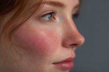 A young Caucasian woman is depicted in a closeup side view, pointing to her cheek where symptoms of rosacea are evident, including redness, blotches, and dilated blood vessels