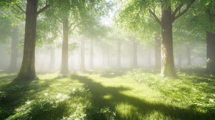 Obraz premium Misty forest glade bathed in sunlight