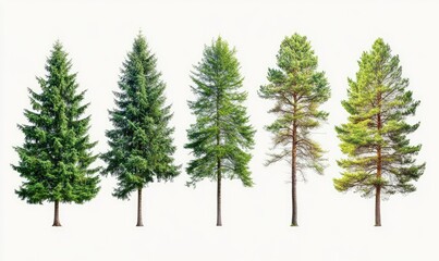 Fototapeta premium Collection of large pine trees isolated on white background. AI generated illustration.