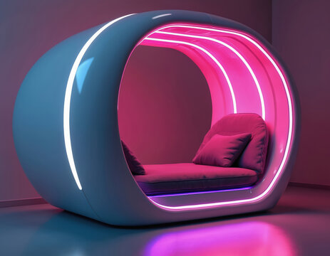 Futuristic relaxation pod interior with neon lights, massage chair, ambient audio. Modern minimalist design for stress relief. Curved shape, sleek, high-tech. Atmospheric, calming, therapeutic.